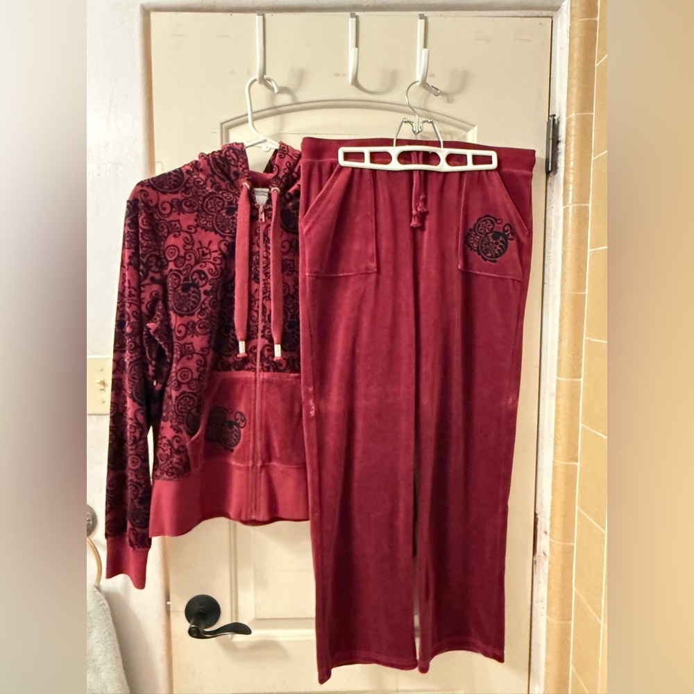 Disney Parks Paisley Mickey Maroon Velour 2 Piece Track Suit